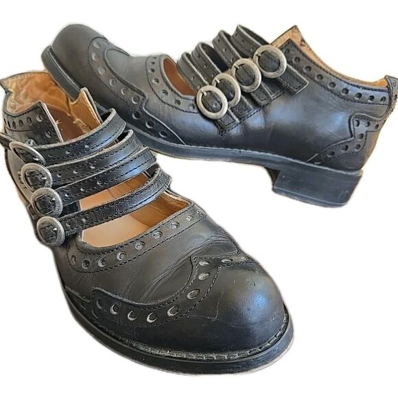 JOHN FLUEVOG ADRIANS: ALLI 4-BUCKLE MARY JANE BROGUE WINGTIP SHOES US 7 BLACK - Picture 1 of 10